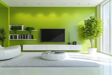 Modern living room with green wall and minimalist integrated bookcase, large TV unit, white plush carpet, isolated shot for graphic design use