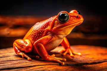 Close-up macro silhouette of an orange frog on wood, showcasing amphibian wildlife detail.