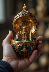 A hand is holding a Faberge egg is open showing a miniature gold palace Gatchina inside