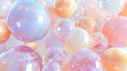 Abstract 3d background with iridescent bubbles in pink and orange hues.