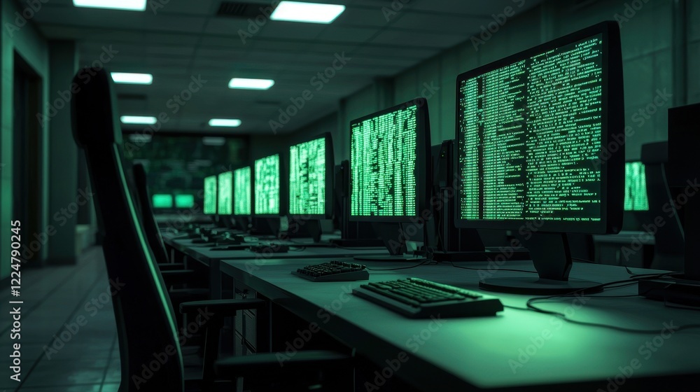 Poster green digital matrix data streams on computer screens in dark room