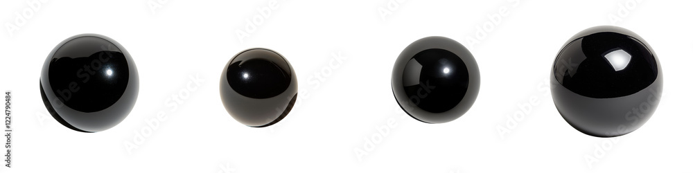 Poster Set of black glossy reflective spheres or balls arranged in a clean minimalist studio environment with empty background  Conceptual geometric and abstract 3D render or digital image
