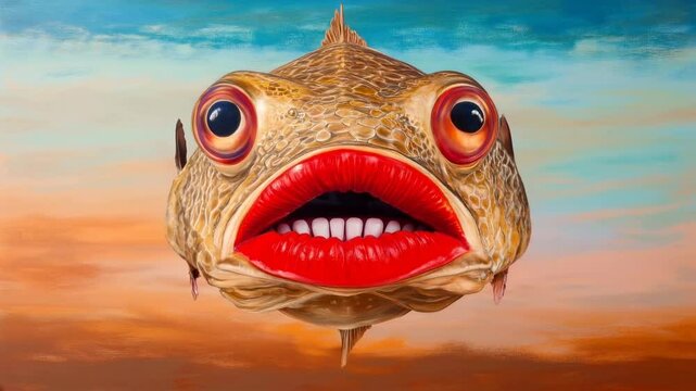 Surreal depiction of a red lipped batfish lips and human-like teeth against a colorful background