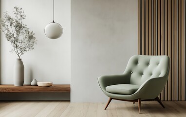 Modern living room with minimalist furniture, light green armchair, wooden floor, and a white wall background