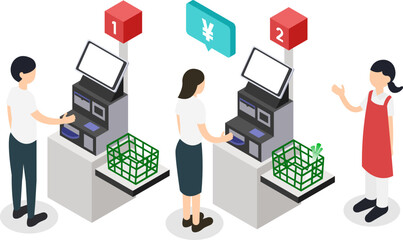 スーパーのセルフレジを利用する客と買い物客と案内する店員のアイソメトリックイラスト