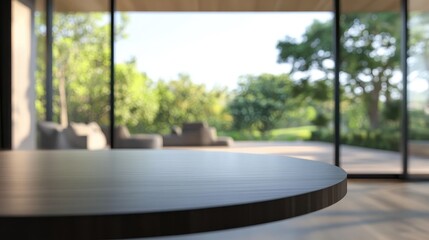 Fototapeta premium Modern Tabletop with Blurred Background of Luxurious Patio and Green Landscape