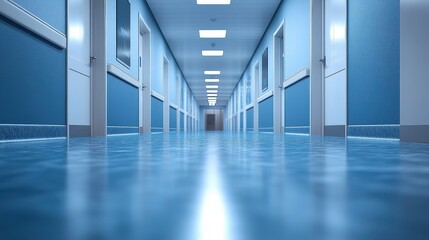 Fototapeta premium Abstract Blur Background of a Hospital Corridor with Blue Walls, Glossy Floor, and Bright Ceiling Lights Creating a Calm Atmosphere