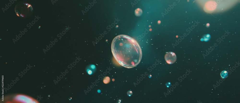 Poster bubbles floating upwards create a serene contrast against a dark background