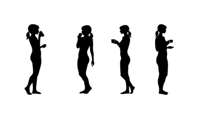 Women drinking tea silhouette set in black and white