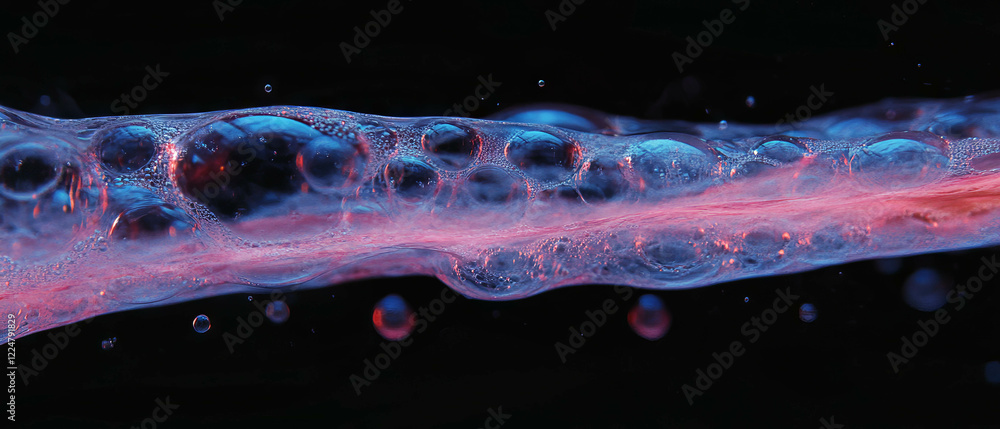Poster Dynamic interaction of bubbles merging and separating against a black background
