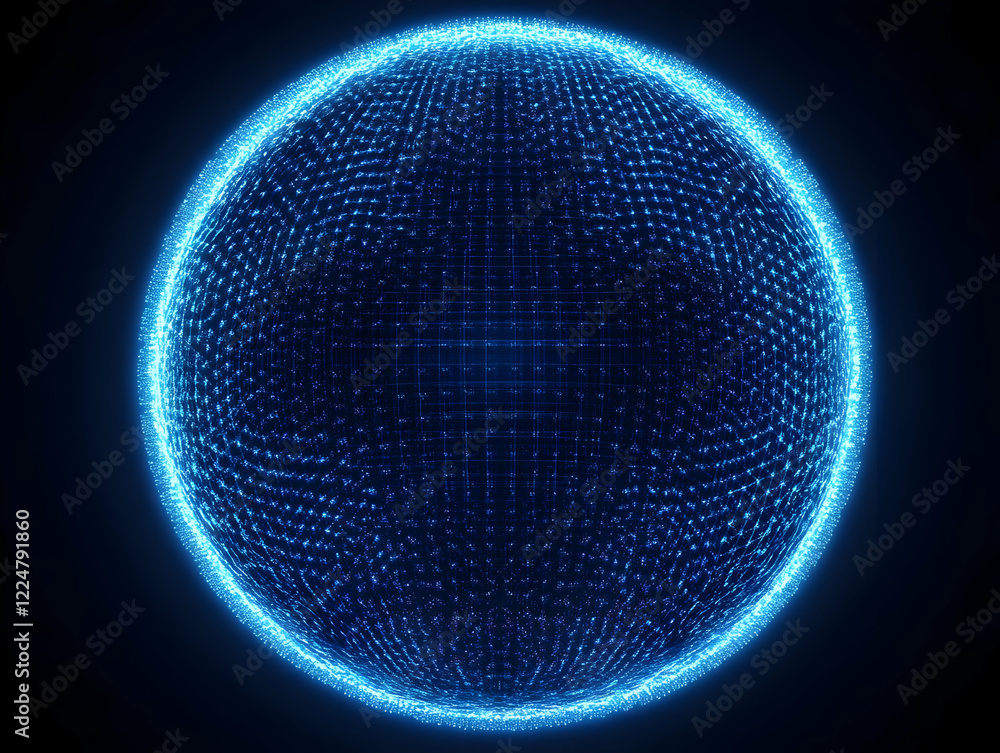 Poster glowing blue sphere creates abstract network grid visualization on dark background