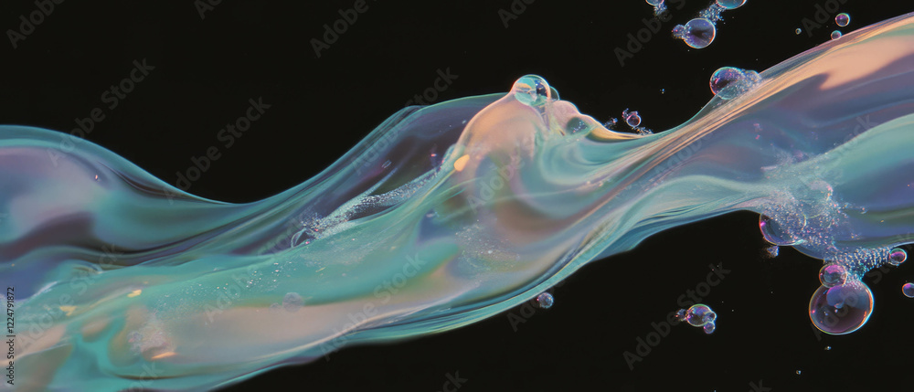 Fototapete dynamic interaction of bubbles merging and separating against a black background
