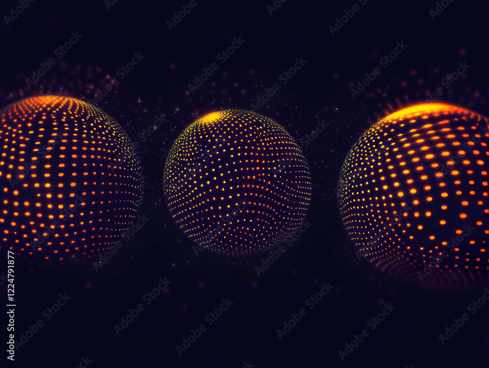 Poster three glowing spheres with dotted patterns create a mesmerizing visual in a dark background.
