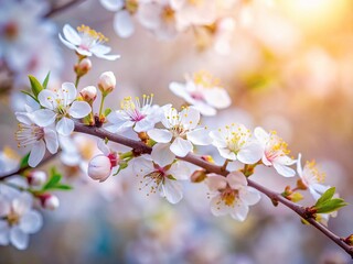 Miniature Plum Blossom Branch, Tilt-Shift White Flowers, Spring Blooming Tree, Fairy Tale Garden