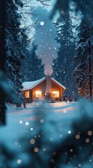 Fototapeta premium Cozy winter cabin amidst snowy forest and warm indoor glow