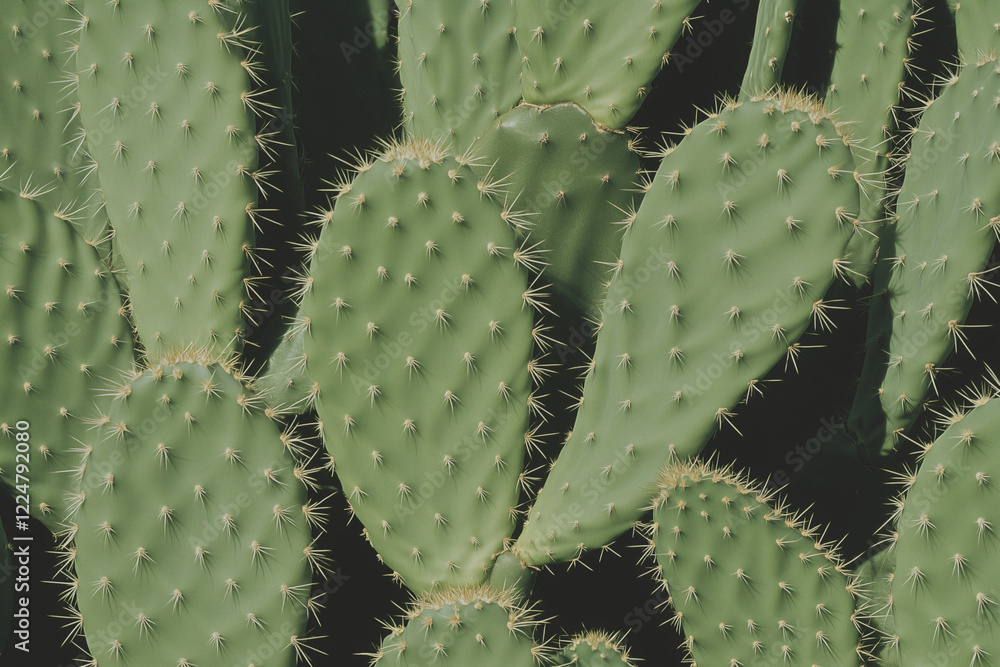 Poster cactus texture: close up of prickly pear cactus, showcasing the intricate pattern of its spiky green