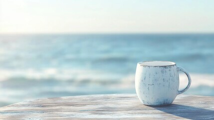 Serene Coastal Morning A White Mug by the Ocean