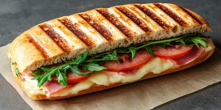 Grilled panini sandwich with ham cheese tomato and arugula on a brown paper and dark surface - Powered by Adobe