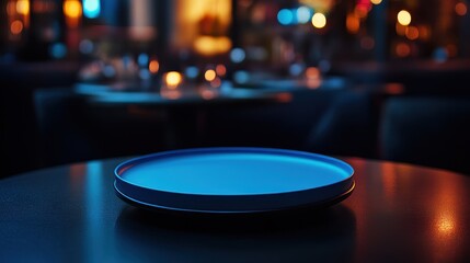 Empty Blue Plate on Dark Table in a Blurred Restaurant Background