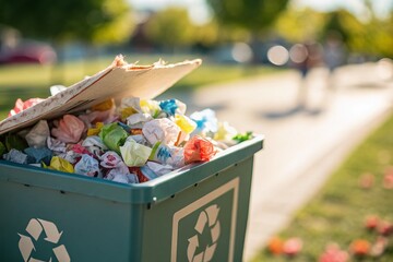 Miniature Recycling: Colorful Waste Paper Overflowing in a Tilt-Shift Recycling Bin