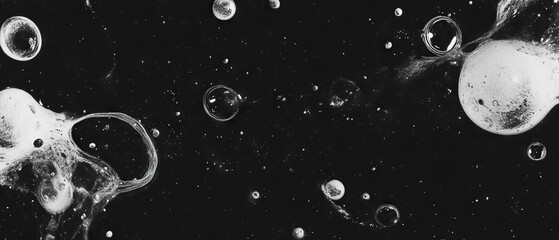 Bubbles of various sizes and shapes scattered against a black background