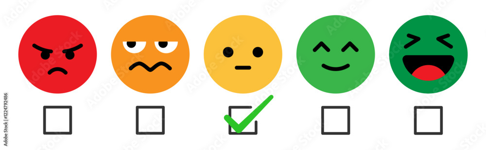 Poster rating emoji set with check box and tick mark for customer feedback and experience with bad, poor, a