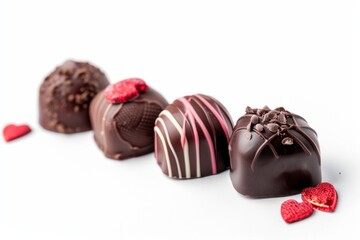Fototapeta premium Decadent handmade chocolates adorned with heart embellishments on a pristine white background, perfect for romantic occasions isolated on transparent background