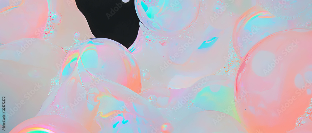 Poster bubbles create a delicate overlay texture with pastel hues against a black background