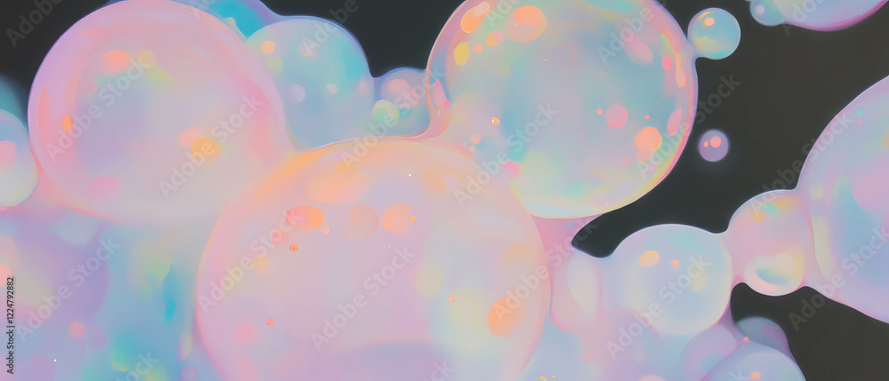 Poster bubbles in pastel hues create a delicate overlay texture against a black background