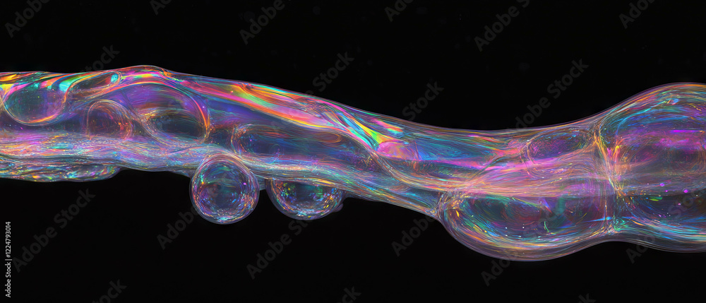 Poster Bubbles with vibrant rainbow spectrum overlay on a dark background creating a prismatic effect