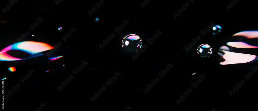 Poster overlay texture of vibrant bubbles with rainbow gradient against a black background
