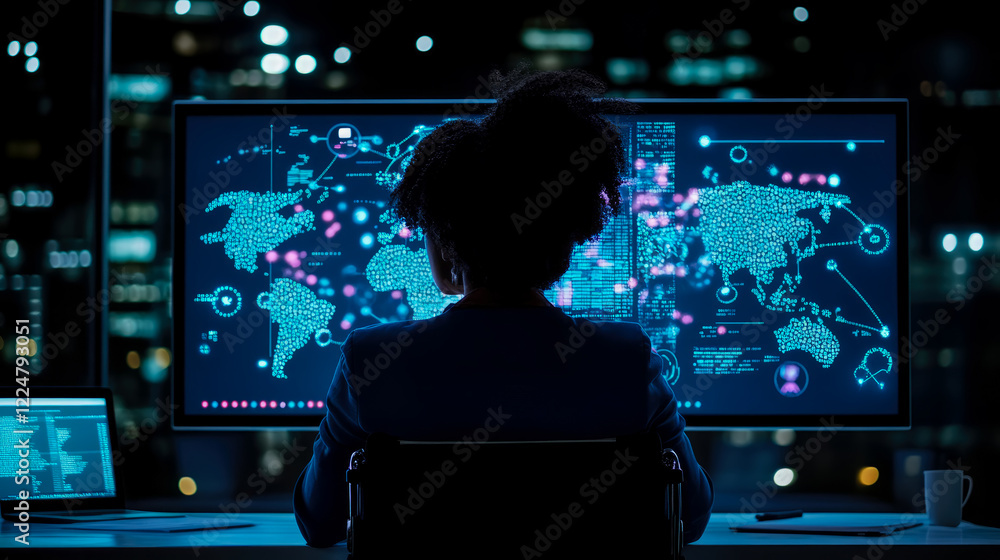 Poster global data analyst at night: woman studying world map on computer screen