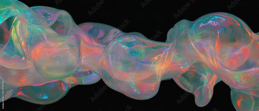 Poster swirling patterns of bubbles with vibrant colors against a black background