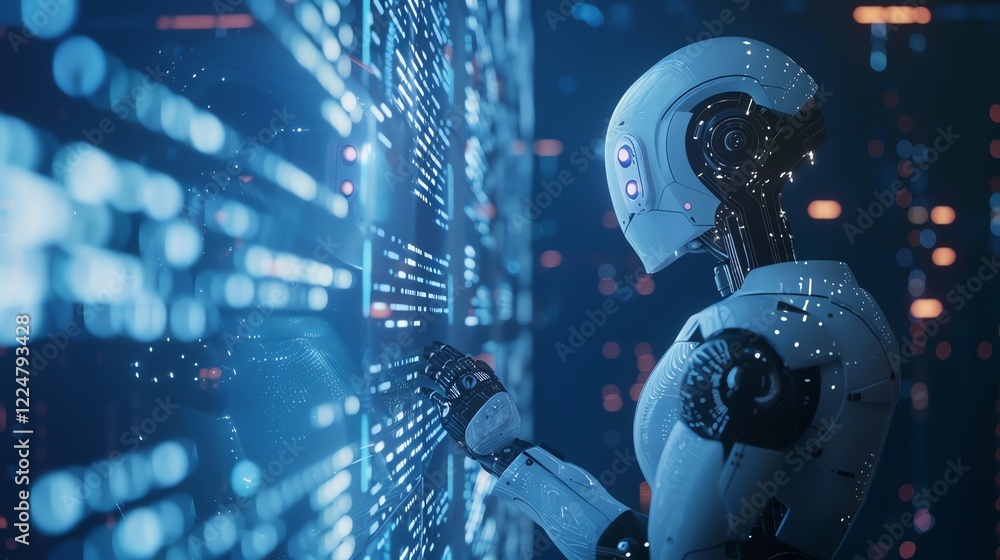 Poster a white humanoid robot interacts with a computer screen filled with data.