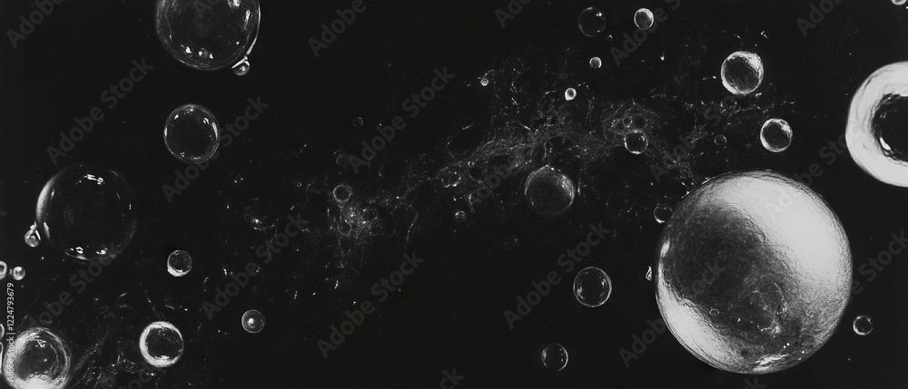 Aufkleber Clusters of bubbles with varying sizes floating on a black background in an abstract display