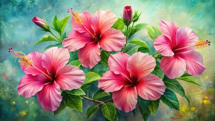 Delicate pink hibiscus blooms in vintage watercolor style, showcasing nature's beauty with soft brushstrokes.