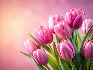 Fototapeta premium Delicate pink tulips bloom, a vibrant spring floral wallpaper, perfect for a beautiful background.