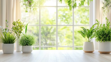 Fototapeta premium Serene Indoor Plants on Windowsill with Bright Sunlight