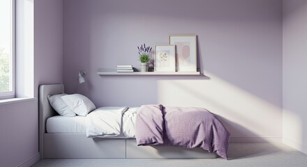 Tranquil children's bedroom featuring a single bed with white linens and a soft lavender throw