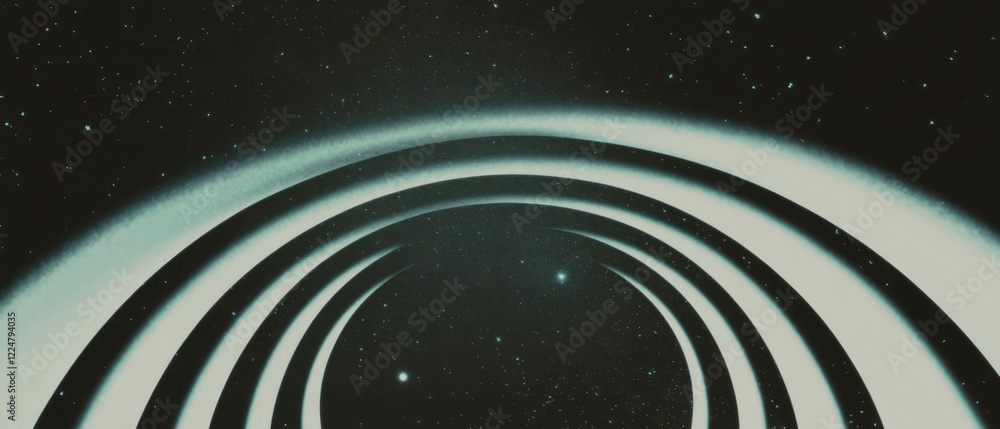 Poster Intricate concentric circular dust patterns radiate from a central space on a dark background