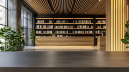 Modern Library Interior with Empty Dark Tabletop for Product Display