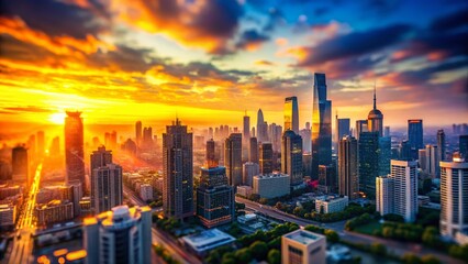 Obraz premium Miniature Sunset Cityscape: Tilt-Shift Aerial View of Skyscrapers at Golden Hour