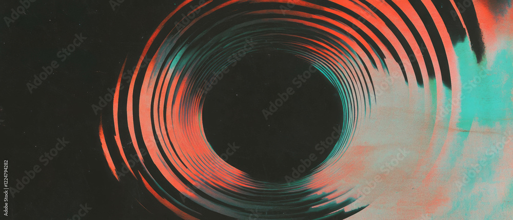 Poster Concentric circular watercolor patterns radiating from a central void on a dark background
