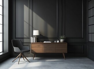 Modern minimalist design of a home office in a dark gray room with concrete flooring, black walls, and a white window