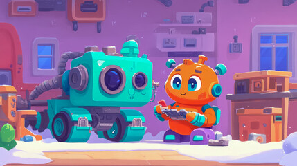 Obraz premium Friendly Robots in a Snowy Workshop: A Digital Painting of Two Adorable Robots Interacting in a Wintery Setting