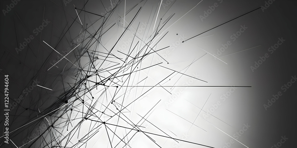 Poster abstract black and white lines intersect dynamically in a complex pattern on a gradient background