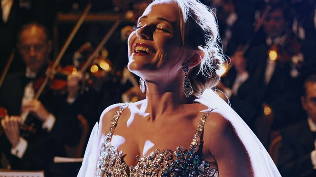 Passionate opera soprano performing dramatic vocal performance on illuminated stage, wearing elegant gown and delicate veil, conveying intense musical emotion through powerful singing