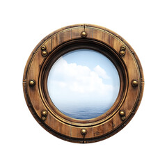 Porthole with a view of the sea and clouds. Isolated on transparent background.