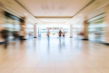 Blurred Motion of People Walking in a Bright Shopping Mall with Shops and Large Windows.