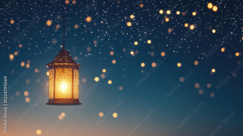 Poster a softly glowing lantern illuminated against a starry night sky, casting warm light and creating a t